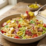 Grinder pasta salad with bowtie pasta, salami, provolone, lettuce and pepperoncini in a light bowl