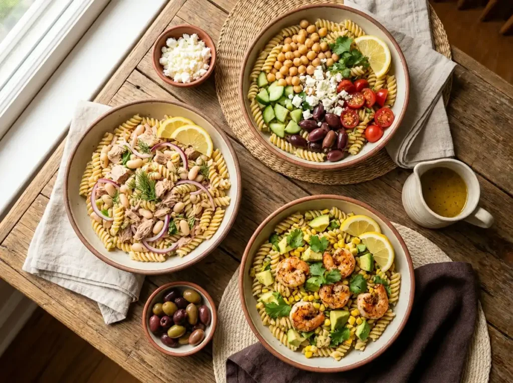 Tuna and white bean pasta salad with rotini, cherry tomatoes, red onion and parsley in a rustic ceramic bowl