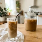 Tall glass of creamy homemade iced coffee with ice and a straw next to a gallon jug
