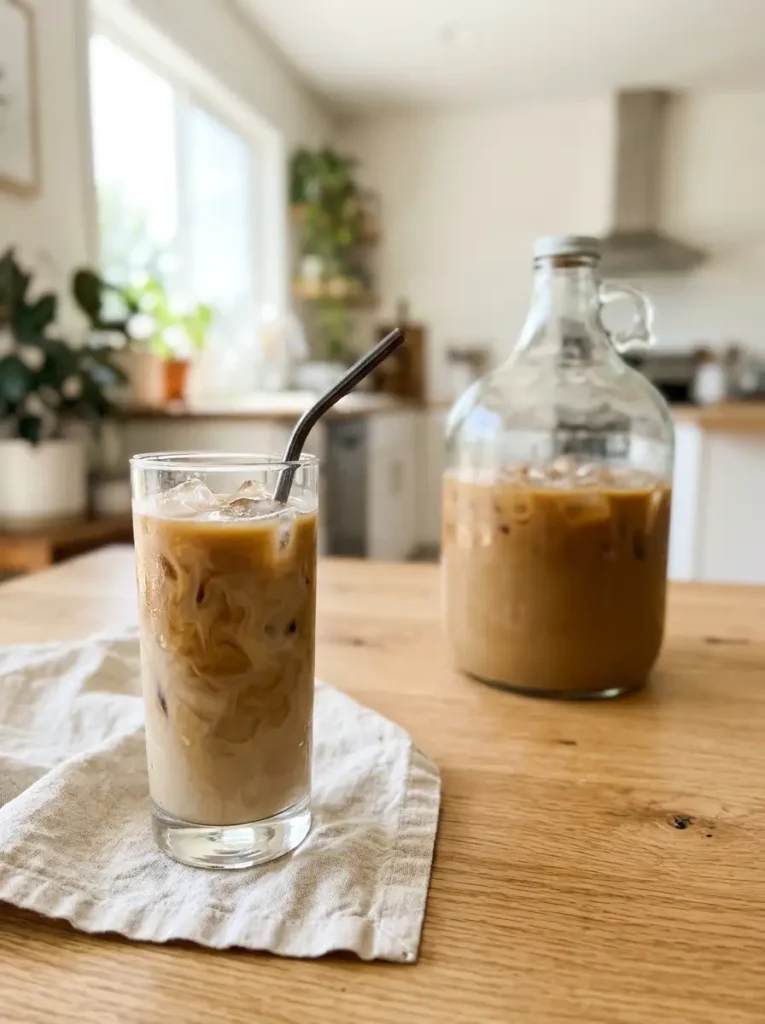 Tall glass of creamy homemade iced coffee with ice and a straw next to a gallon jug