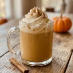 Homemade pumpkin spice latte with whipped cream and cinnamon in a glass mug