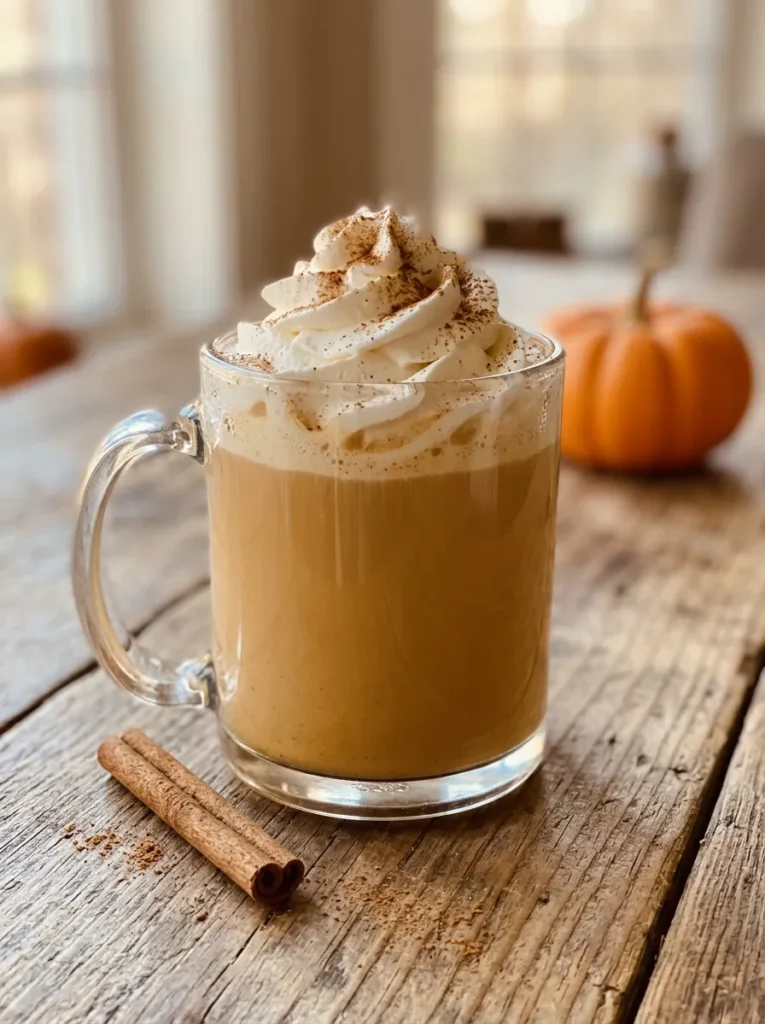 Homemade pumpkin spice latte with whipped cream and cinnamon in a glass mug