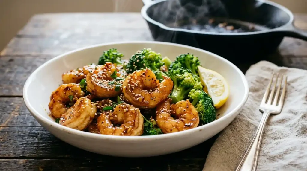 White bowl of honey garlic shrimp and broccoli with a sticky glaze for an easy high-protein dinner