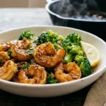 White bowl of honey garlic shrimp and broccoli with a sticky glaze for an easy high-protein dinner