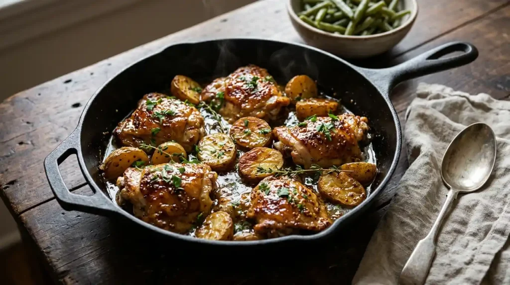 Cast iron skillet of glazed honey mustard chicken thighs and golden baby potatoes with fresh herbs