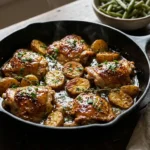 Cast iron skillet of glazed honey mustard chicken thighs and golden baby potatoes with fresh herbs