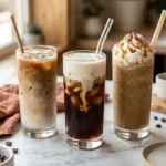 Lineup of iced coffee drinks including milk iced coffee, vanilla sweet cream, and coffee frappe