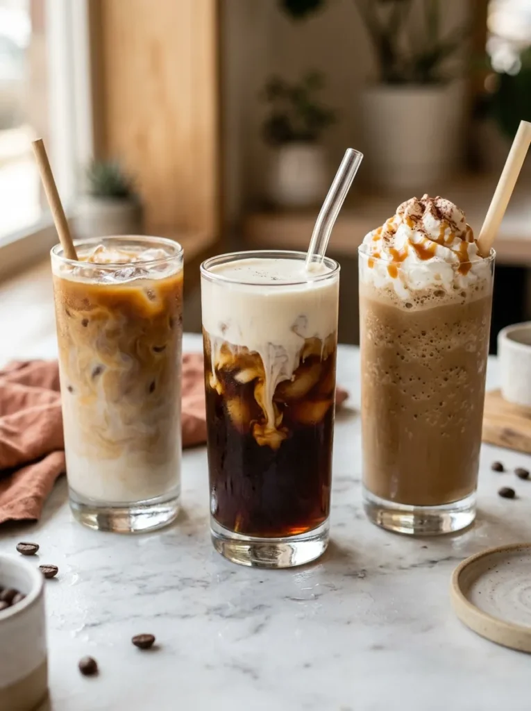 Lineup of iced coffee drinks including milk iced coffee, vanilla sweet cream, and coffee frappe