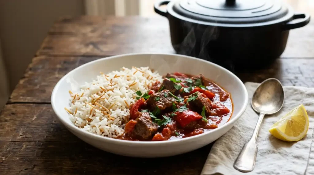 Bowl of Lebanese beef stew with tender beef and red bell pepper beside fluffy vermicelli rice with parsley