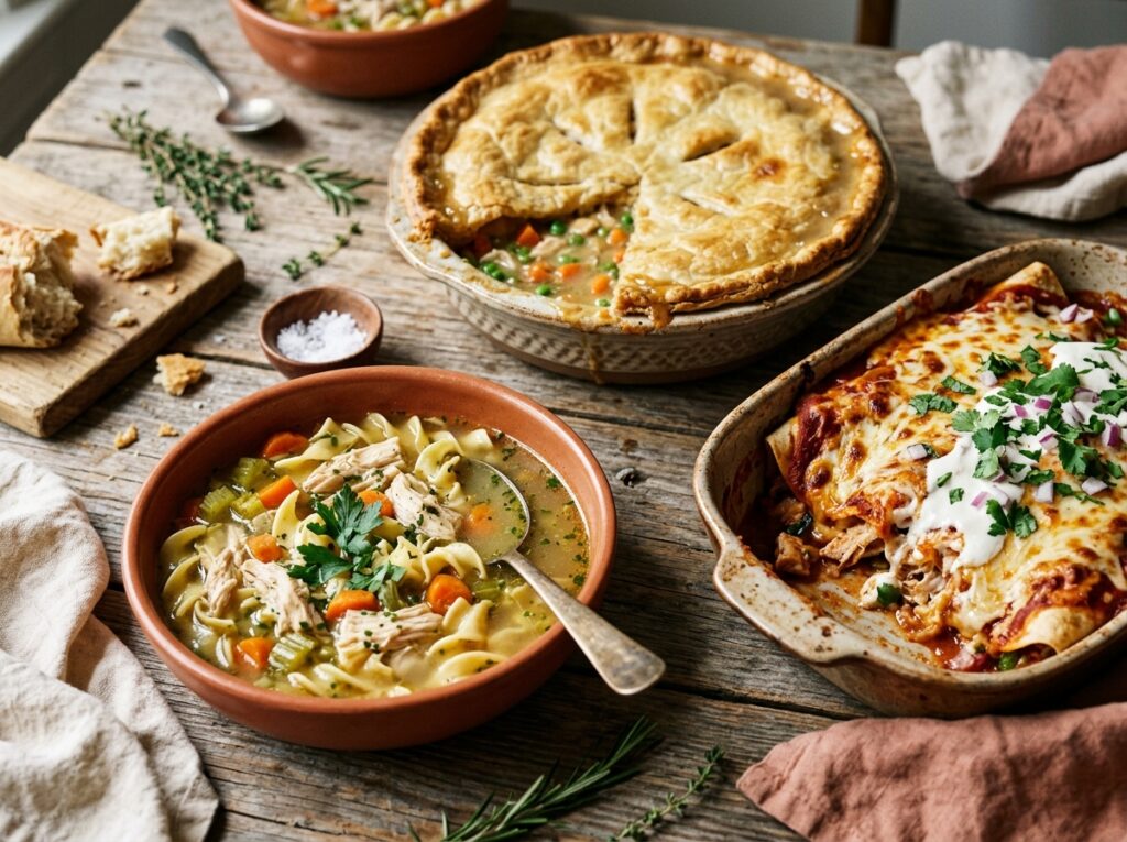 Assorted leftover rotisserie chicken dinners including rotisserie chicken noodle soup, chicken enchiladas, and chicken pot pie on a wooden table