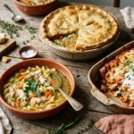 Assorted leftover rotisserie chicken dinners including rotisserie chicken noodle soup, chicken enchiladas, and chicken pot pie on a wooden table