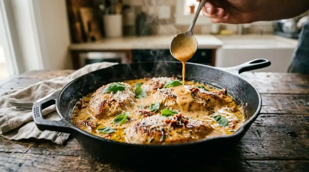 Marry me chicken in a cast iron skillet with creamy sun-dried tomato sauce and fresh basil