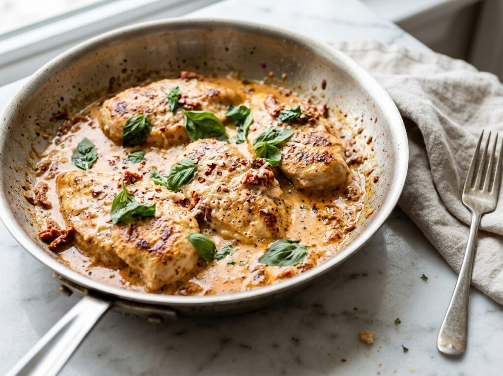 Creamy Marry Me chicken with sun-dried tomatoes and basil in a stainless steel skillet
