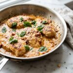 Creamy Marry Me chicken with sun-dried tomatoes and basil in a stainless steel skillet