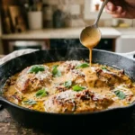 Marry me chicken in a cast iron skillet with creamy sun-dried tomato sauce and fresh basil