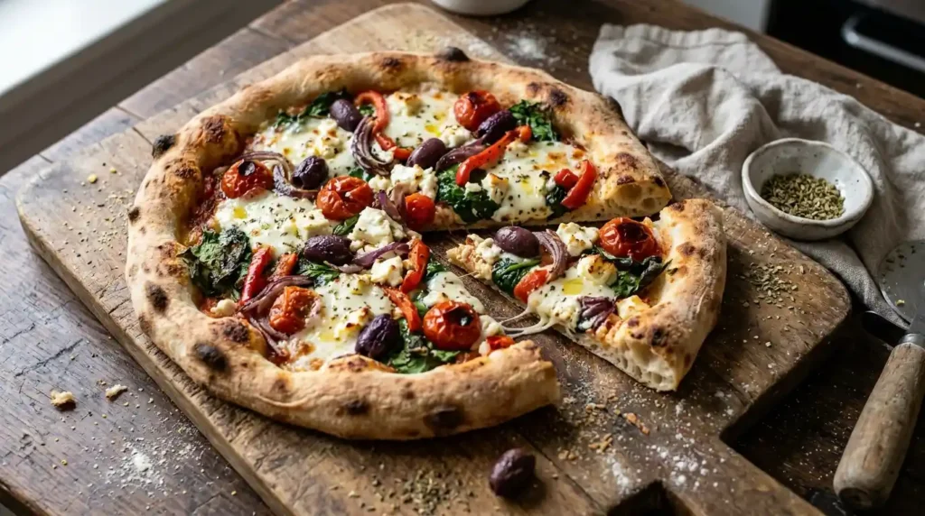 Baked Mediterranean pizza with feta, kalamata olives, cherry tomatoes, red onion, and spinach on a wooden board