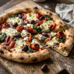 Baked Mediterranean pizza with feta, kalamata olives, cherry tomatoes, red onion, and spinach on a wooden board