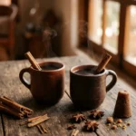 Mexican Café de Olla spiced coffee in rustic clay mugs with cinnamon sticks and star anise