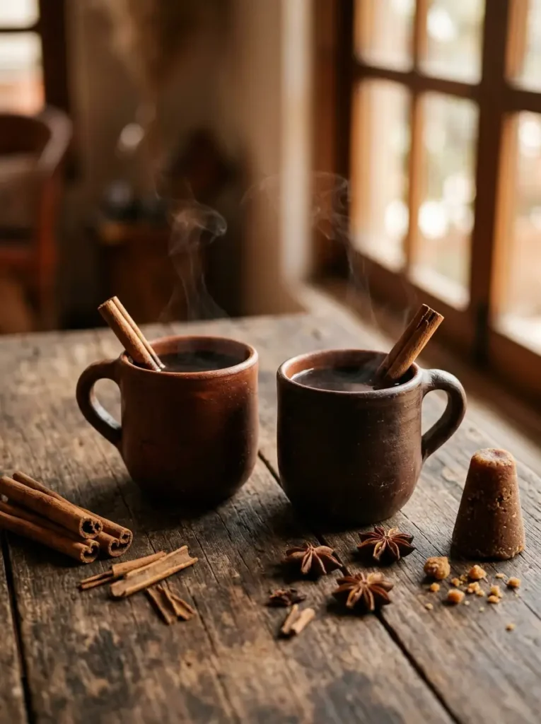 Mexican Café de Olla spiced coffee in rustic clay mugs with cinnamon sticks and star anise