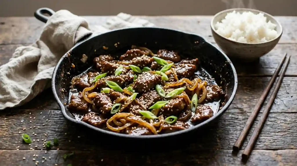 Sticky Mongolian beef and caramelized onions with sesame seeds and green onions in a black cast iron skillet