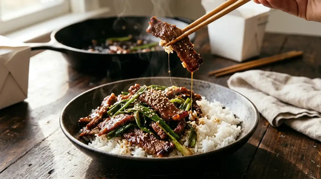 Mongolian beef with crispy-edged beef strips in a glossy dark sauce and green onions over white rice