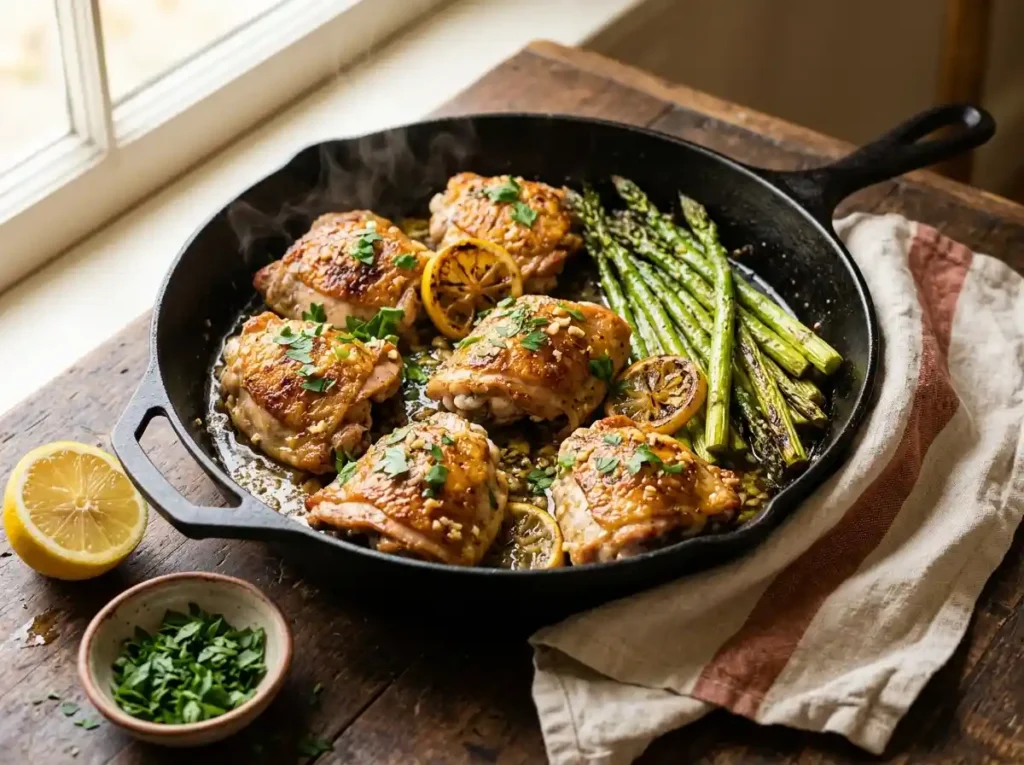 Ingredients for one-pan garlic butter chicken and asparagus including chicken thighs, fresh asparagus, garlic, butter and lemon on a wooden counter