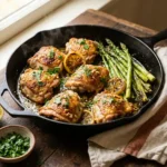 Ingredients for one-pan garlic butter chicken and asparagus including chicken thighs, fresh asparagus, garlic, butter and lemon on a wooden counter
