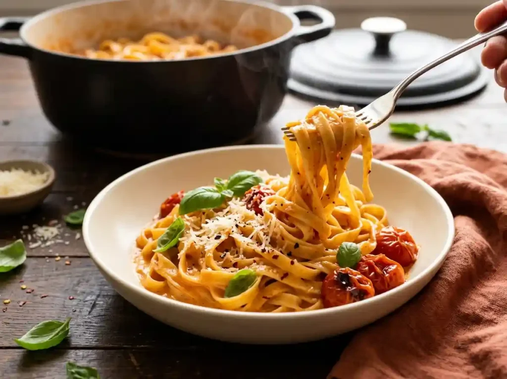 Overhead flat lay of ingredients for one pot creamy tomato pasta including fettuccine, cherry tomatoes, crushed tomatoes, garlic, cream, parmesan and basil