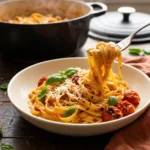 Overhead flat lay of ingredients for one pot creamy tomato pasta including fettuccine, cherry tomatoes, crushed tomatoes, garlic, cream, parmesan and basil