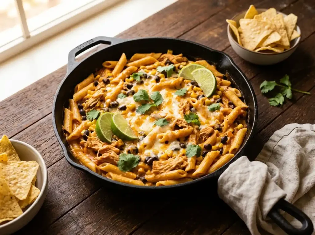 Creamy one-pot Southwest chicken pasta with black beans, corn, and melted cheese in a cast iron skillet