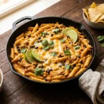 Creamy one-pot Southwest chicken pasta with black beans, corn, and melted cheese in a cast iron skillet