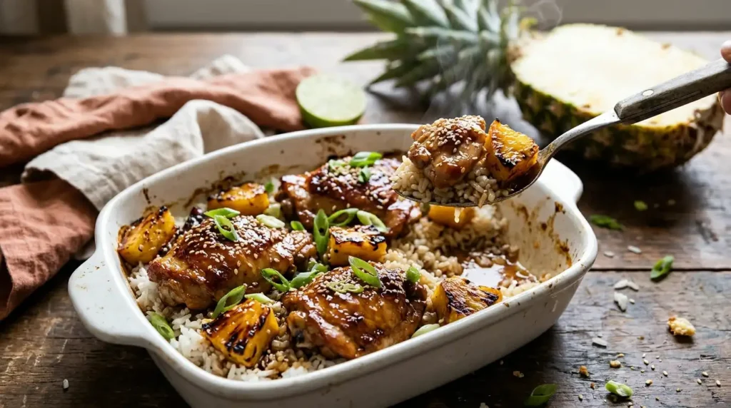 Pineapple chicken and rice ingredients including chicken thighs, rice, fresh pineapple, soy sauce, honey, garlic, ginger and green onions on a rustic wooden table