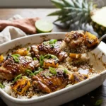 Pineapple chicken and rice ingredients including chicken thighs, rice, fresh pineapple, soy sauce, honey, garlic, ginger and green onions on a rustic wooden table