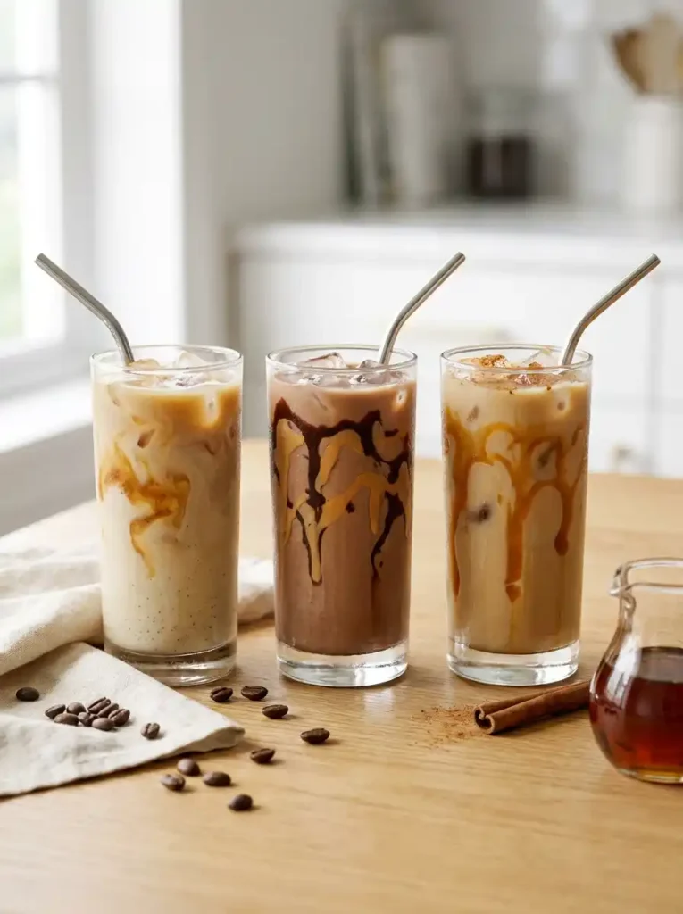 Three tall glasses of creamy protein iced coffee with ice and straws on a wooden table