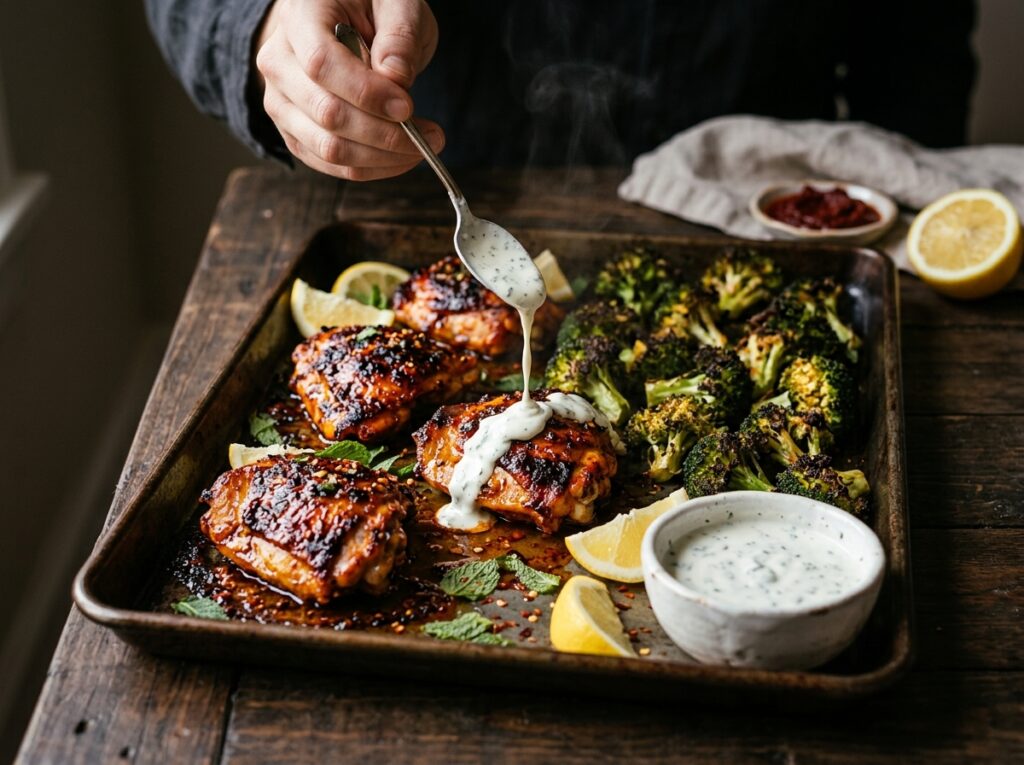 Sheet pan harissa chicken with roasted broccoli and a yogurt drizzle