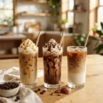 Three glasses of signature iced coffee creations including an iced caramel latte, turtle mocha and vanilla bean latte