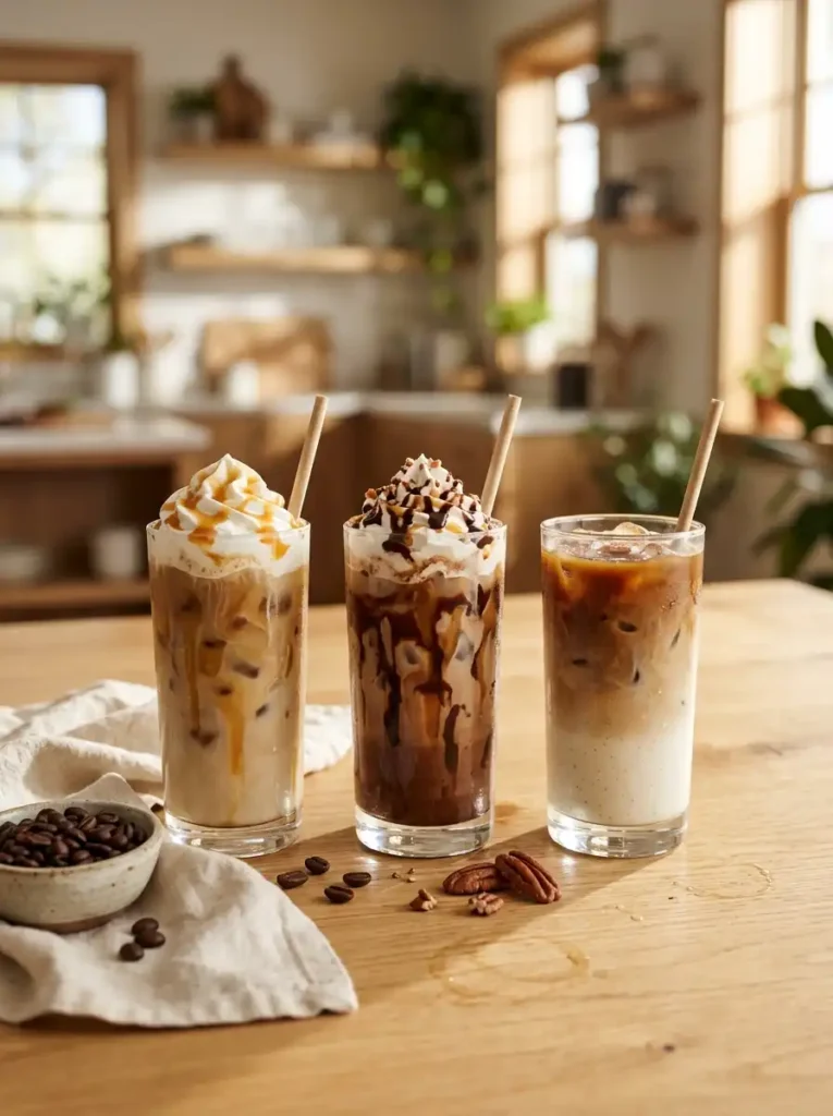 Three glasses of signature iced coffee creations including an iced caramel latte, turtle mocha and vanilla bean latte