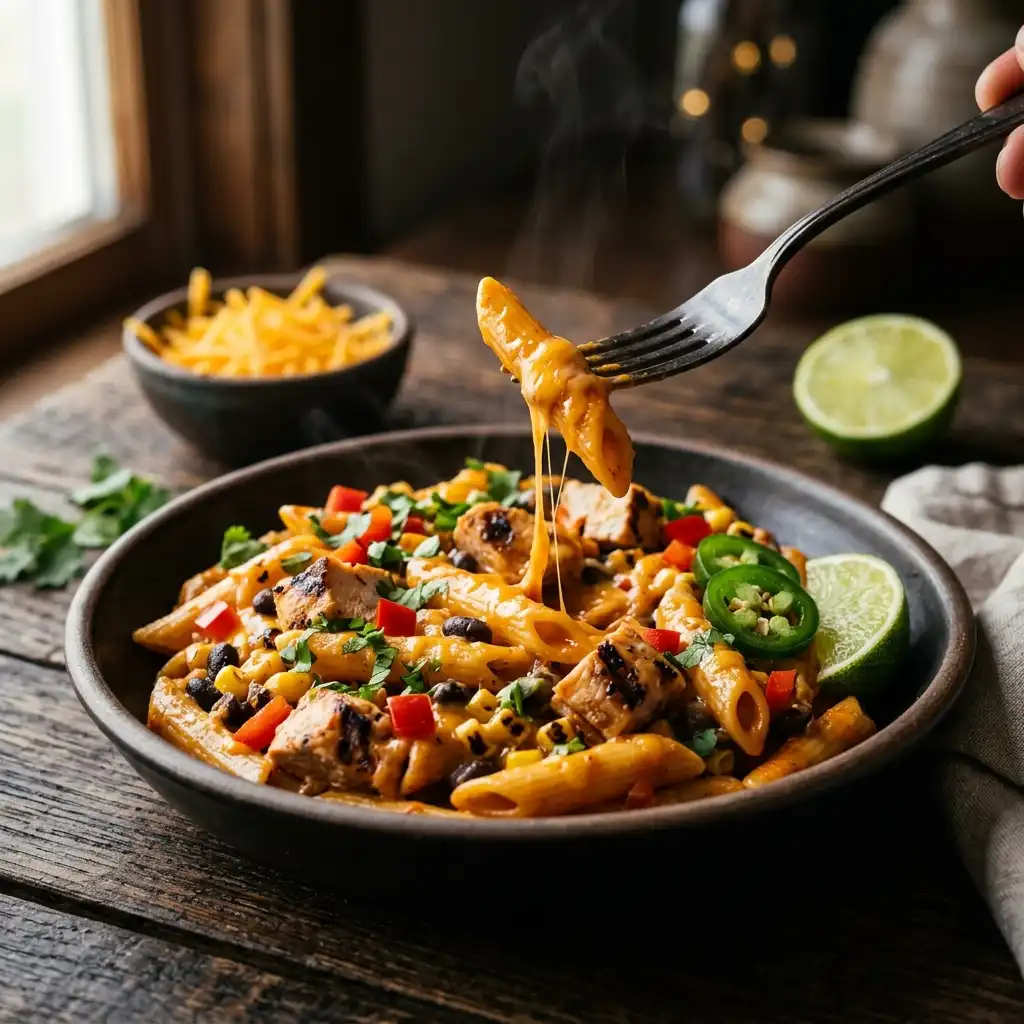 Creamy southwest chicken pasta with penne, corn, black beans and chicken in a dark bowl
