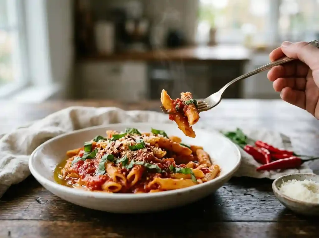 Spicy penne arrabbiata in a white bowl with red tomato sauce, chili flakes, fresh basil and grated cheese