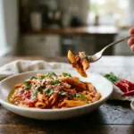 Spicy penne arrabbiata in a white bowl with red tomato sauce, chili flakes, fresh basil and grated cheese