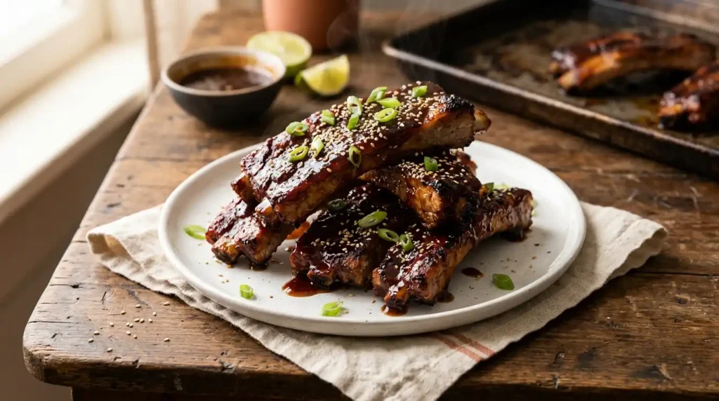 Ingredients for honey garlic ribs including pork ribs, honey, soy sauce, hoisin, garlic and ginger on a wooden counter