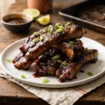Ingredients for honey garlic ribs including pork ribs, honey, soy sauce, hoisin, garlic and ginger on a wooden counter