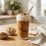 Tall glass of toasted marshmallow brown sugar latte with marshmallow cold foam and a straw