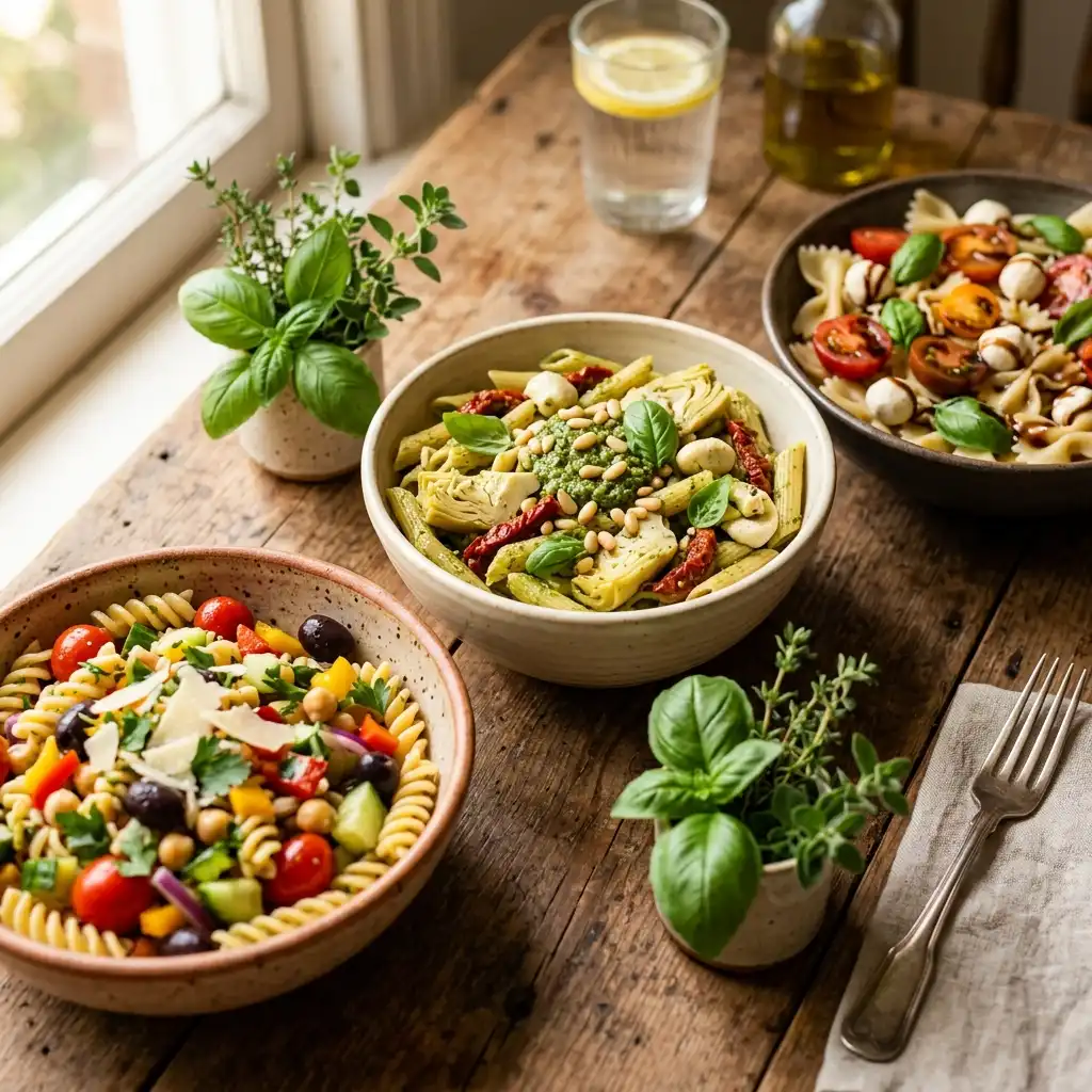 Assorted vegan pasta salads including classic Italian pasta salad, pesto pasta salad with artichokes, and caprese pasta salad with cashew mozzarella on a wooden table