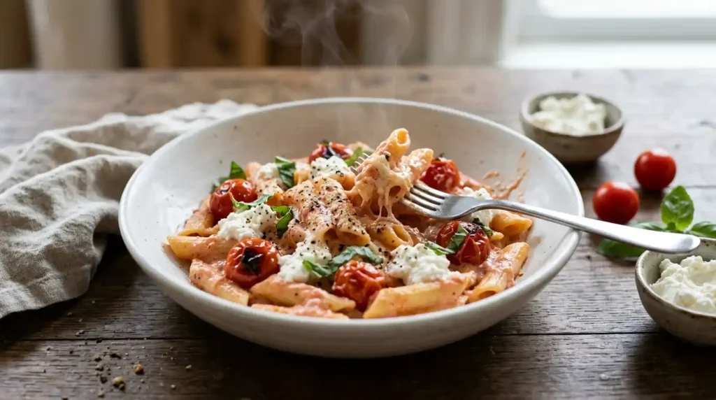 Creamy tomato ricotta penne in a white bowl with blistered cherry tomatoes, ricotta and fresh basil