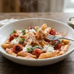 Creamy tomato ricotta penne in a white bowl with blistered cherry tomatoes, ricotta and fresh basil