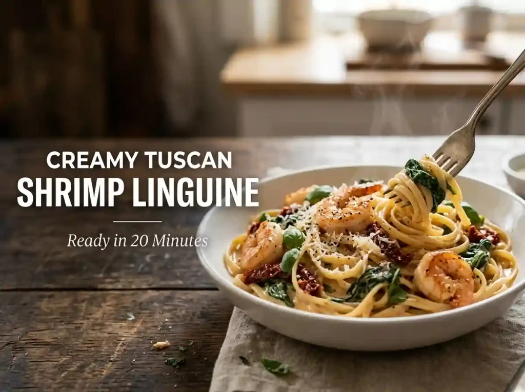 Creamy Tuscan shrimp linguine in a white bowl with seared shrimp, sun-dried tomatoes, spinach and basil
