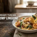 Creamy Tuscan shrimp linguine in a white bowl with seared shrimp, sun-dried tomatoes, spinach and basil